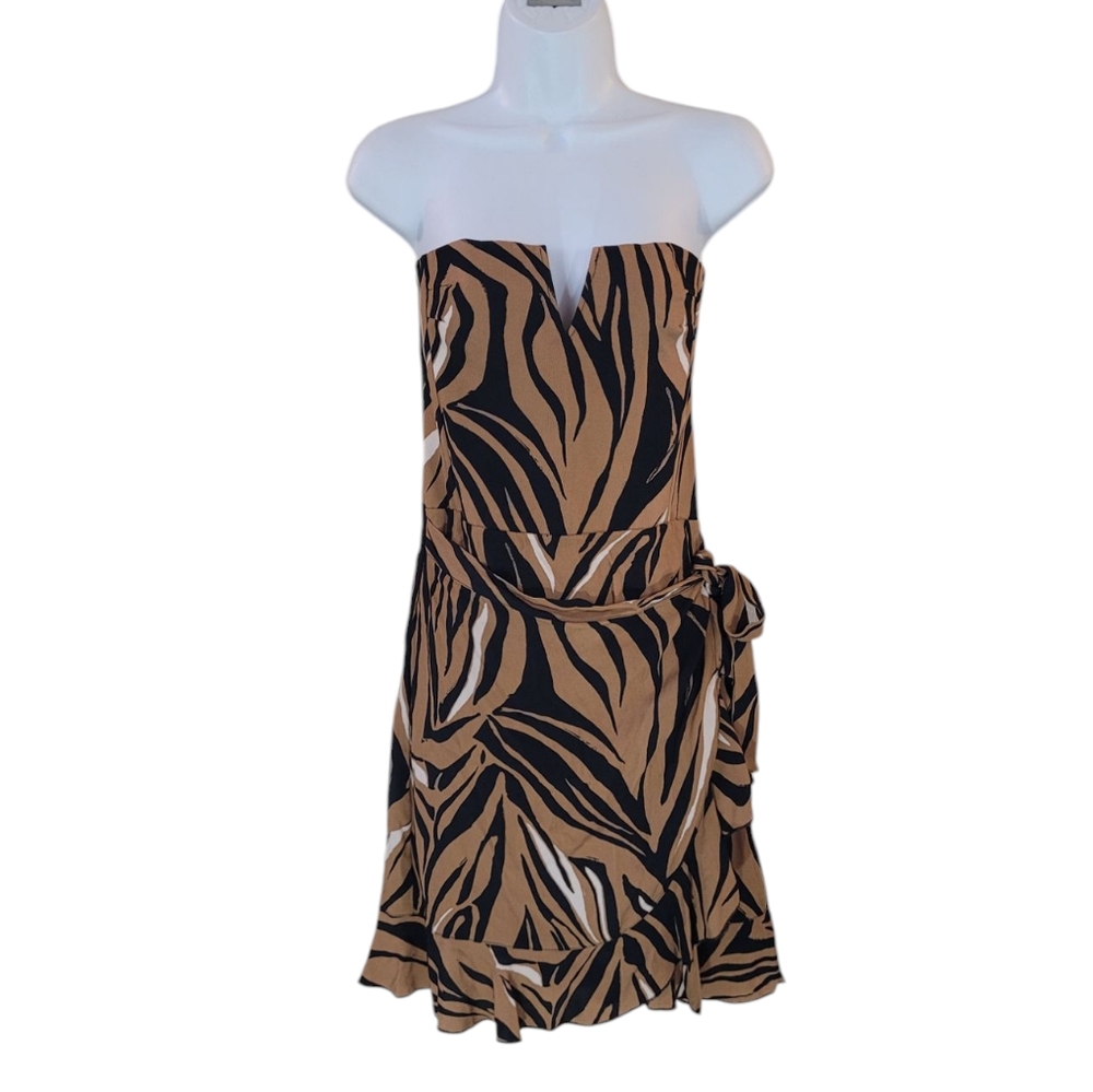 SUN BECOMES HER Bustier Wrap Dress In Cafe Zebra Size M Revlove Made in USA